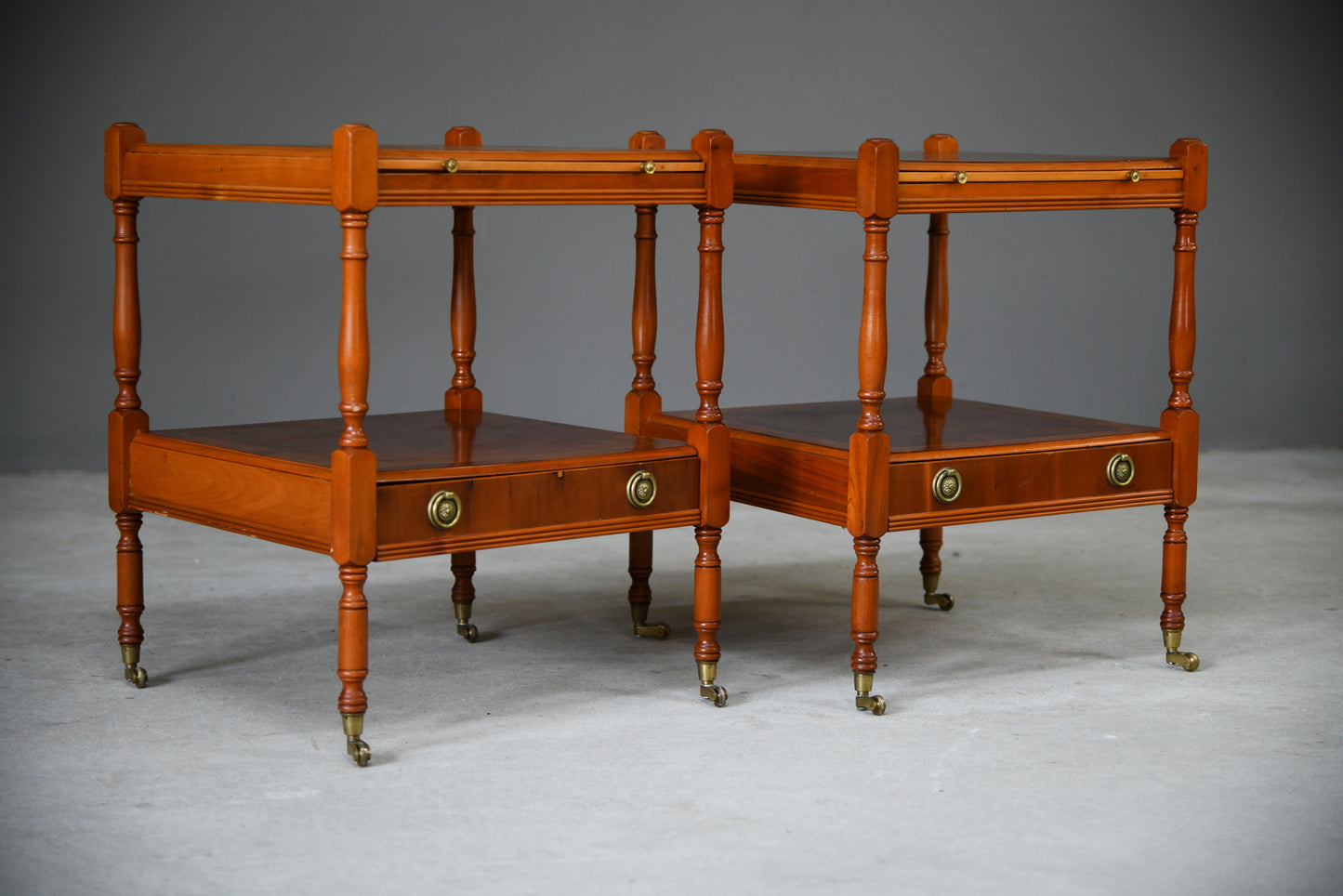 Pair Antique Style Yew Wood Bedside Cabinets