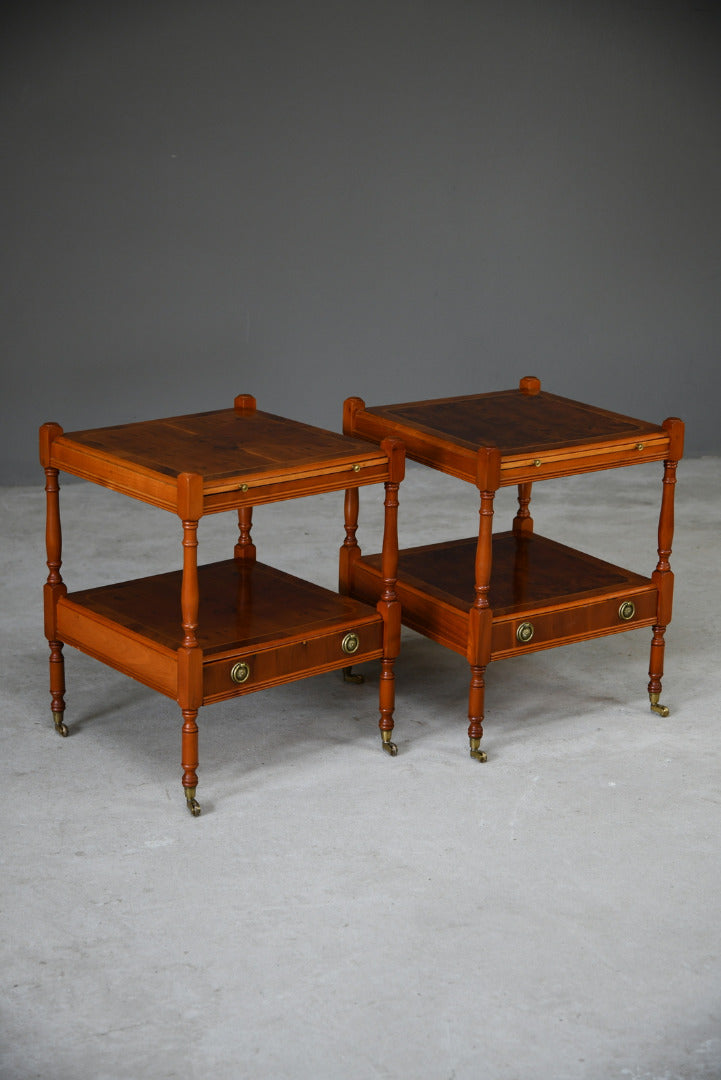 Pair Antique Style Yew Wood Bedside Cabinets