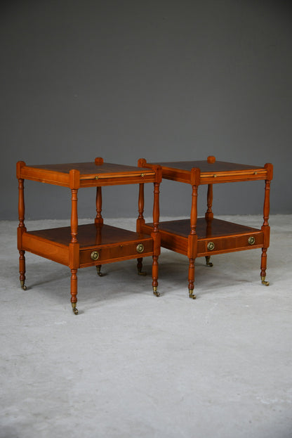 Pair Antique Style Yew Wood Bedside Cabinets