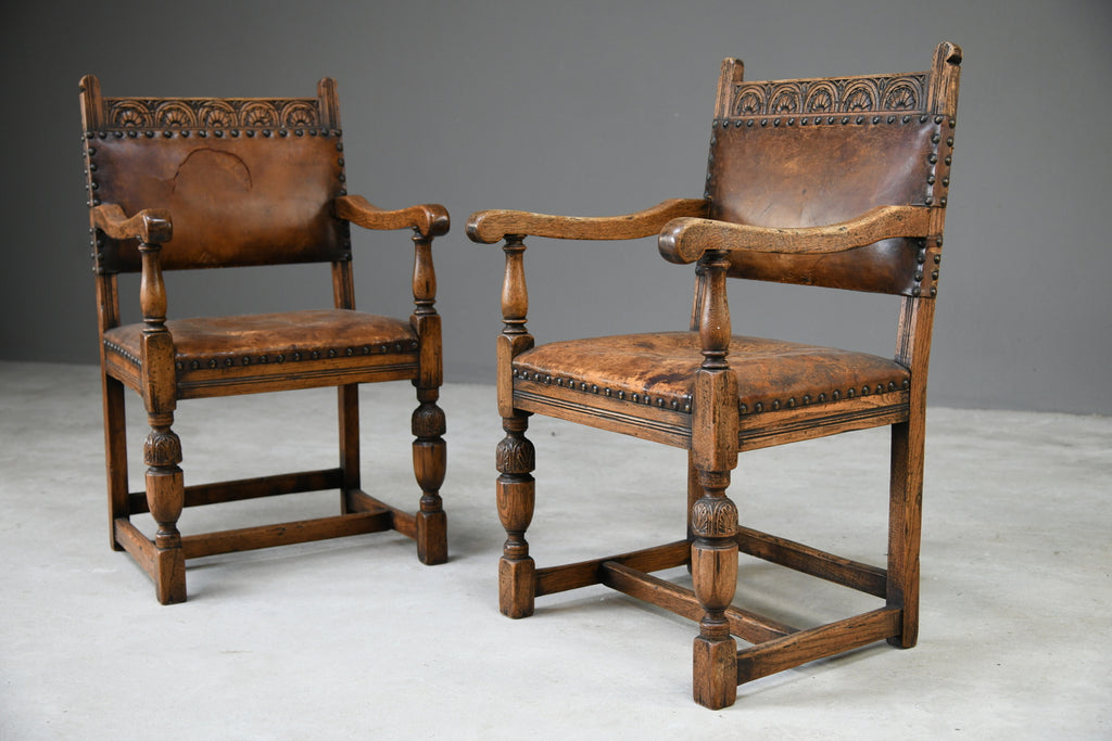 Pair 17th Century Style Oak Carver Chairs