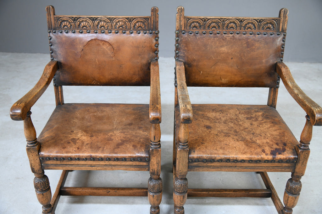 Pair 17th Century Style Oak Carver Chairs