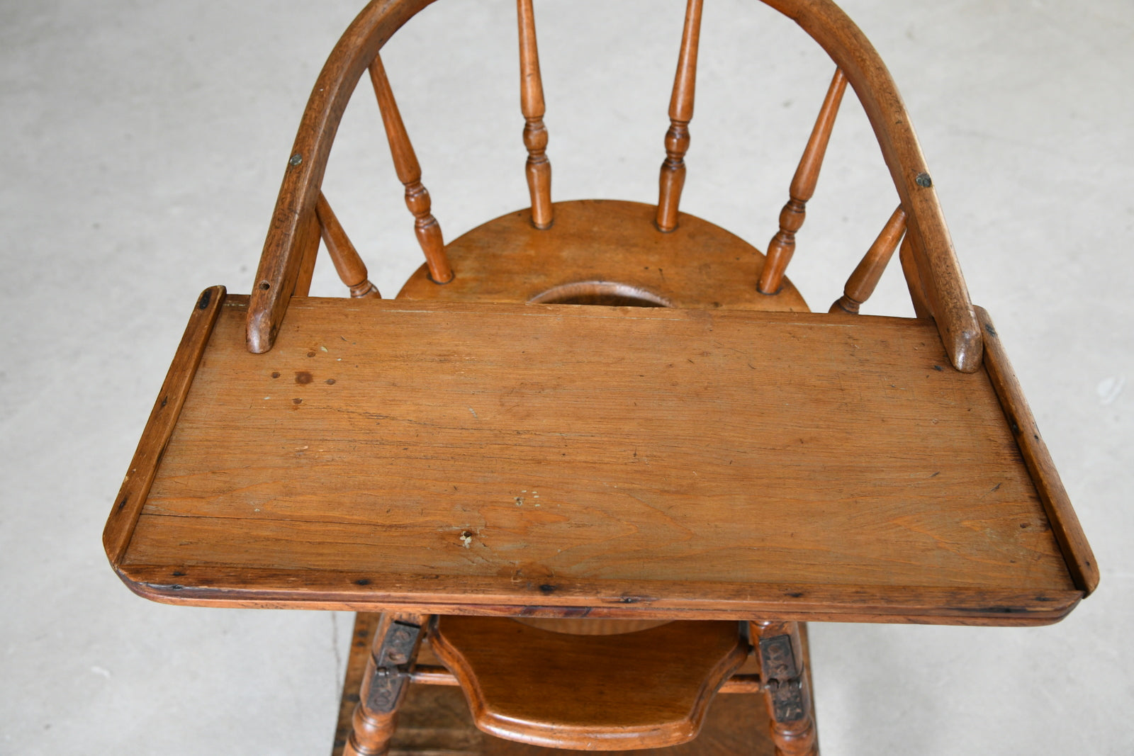 Antique wooden high chair with metal tray sale