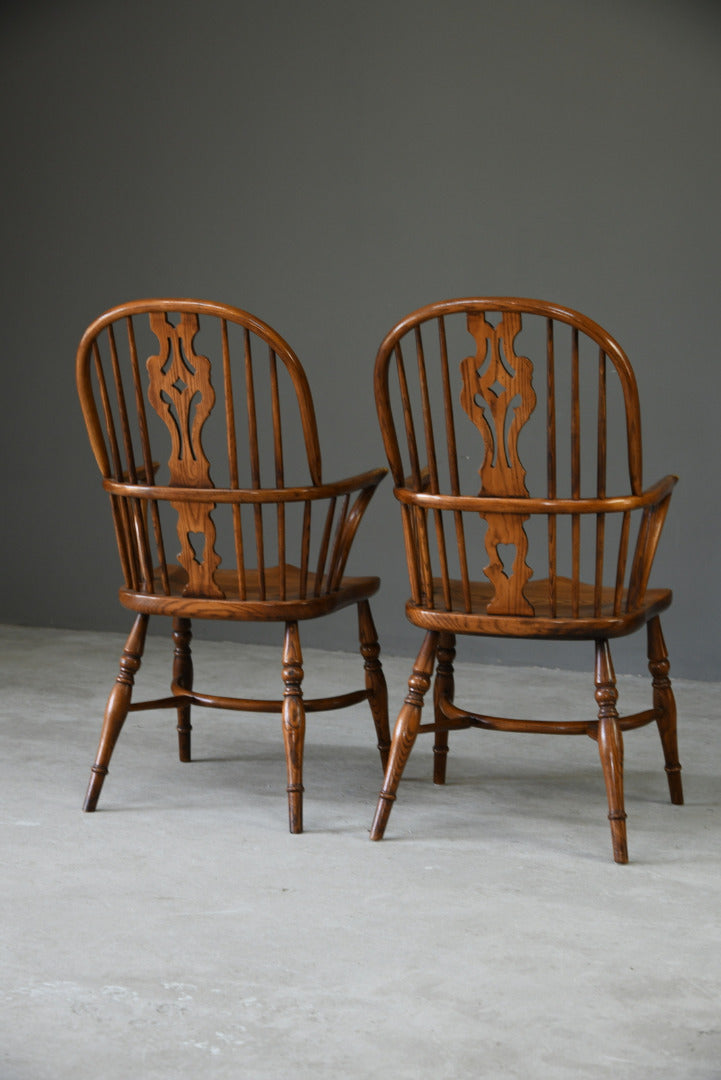 Pair Windsor Armchairs Antique Style Country Kitchen Rustic English