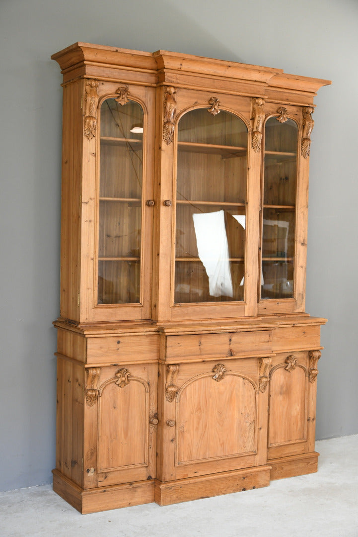 Victorian Style Large Pine Glazed Breakfront Bookcase