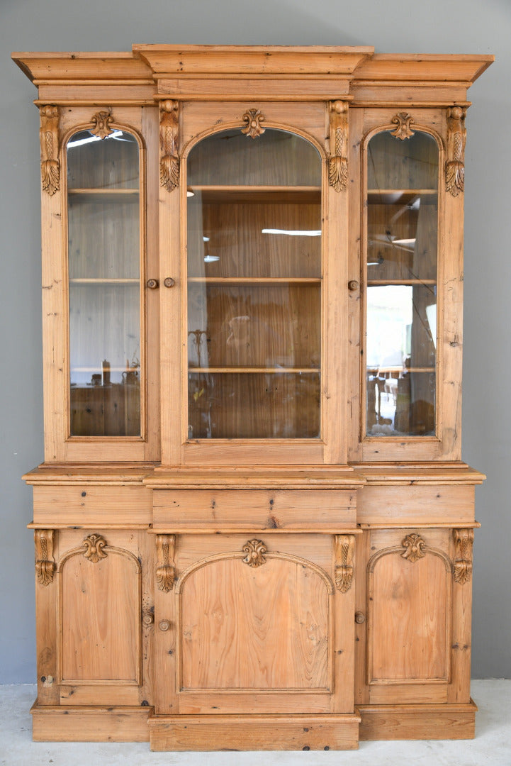 Victorian Style Large Pine Glazed Breakfront Bookcase