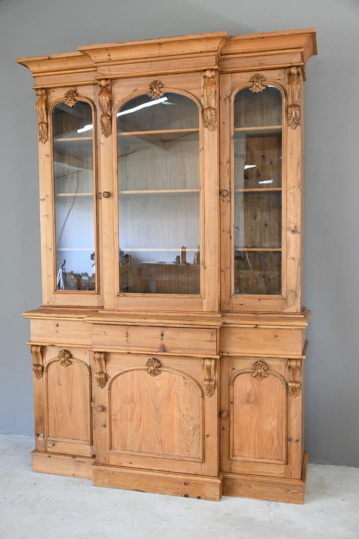 Victorian Style Large Pine Glazed Breakfront Bookcase