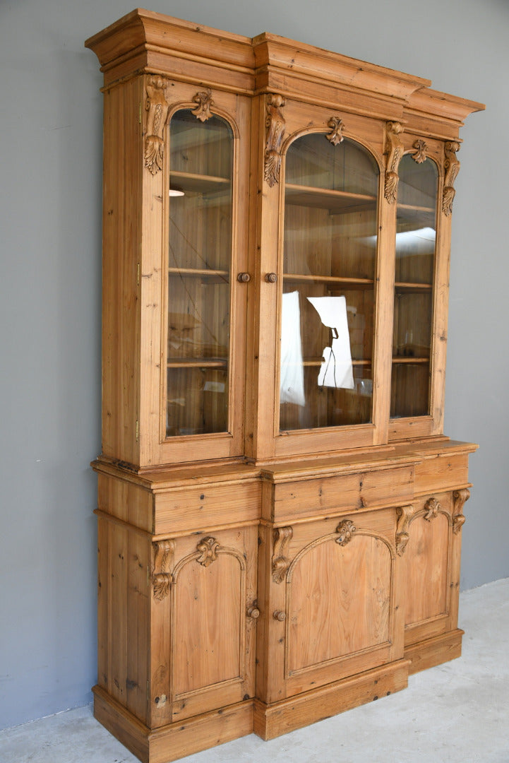 Victorian Style Large Pine Glazed Breakfront Bookcase