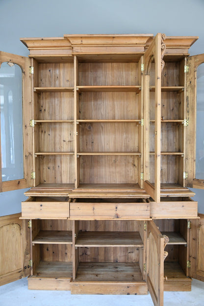 Victorian Style Large Pine Glazed Breakfront Bookcase