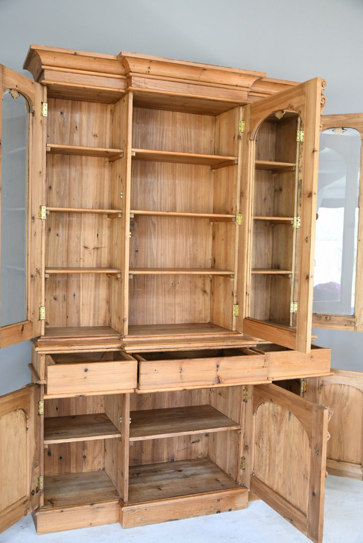 Victorian Style Large Pine Glazed Breakfront Bookcase