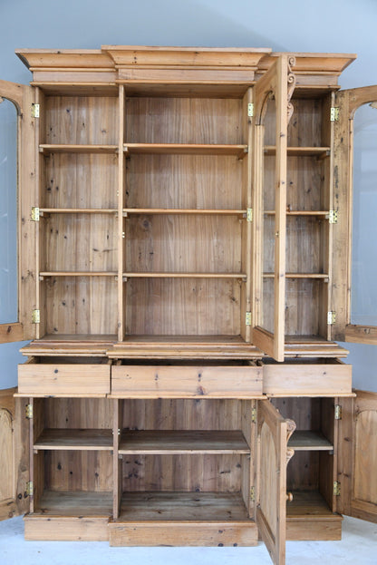 Victorian Style Large Pine Glazed Breakfront Bookcase