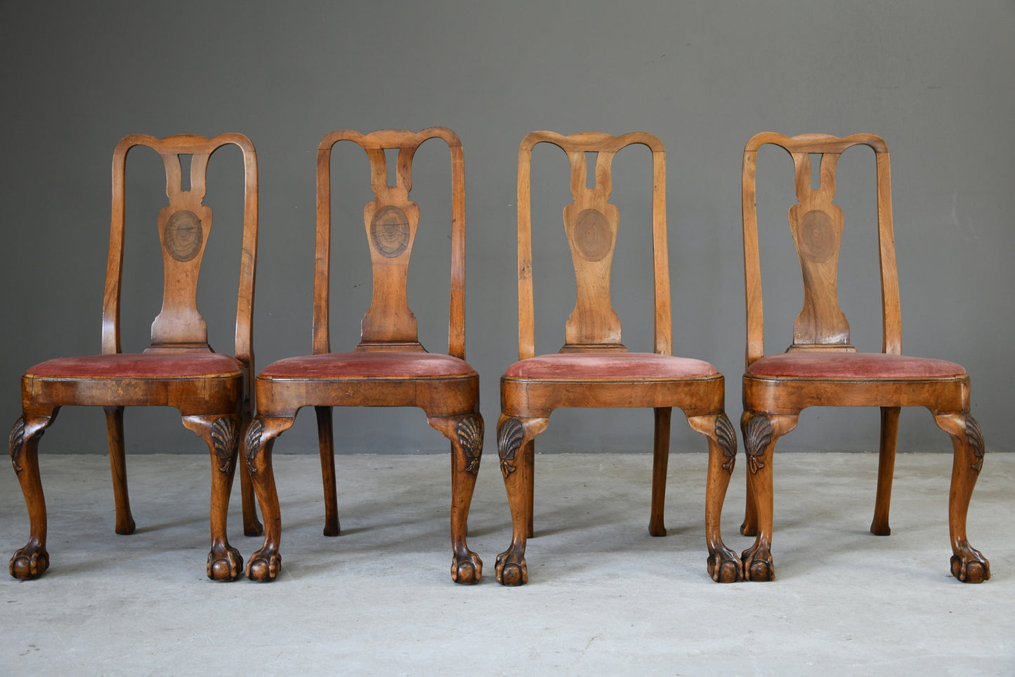 4 Antique Queen Anne Style Walnut & Oyster Veneer Dining Chairs