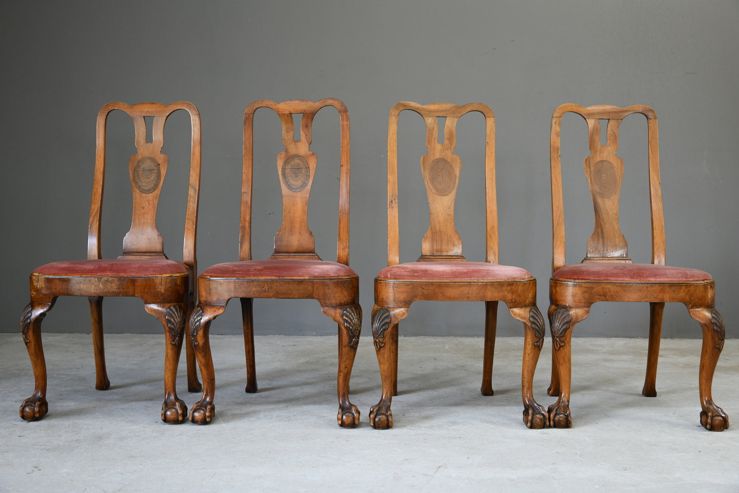 4 Antique Queen Anne Style Walnut & Oyster Veneer Dining Chairs