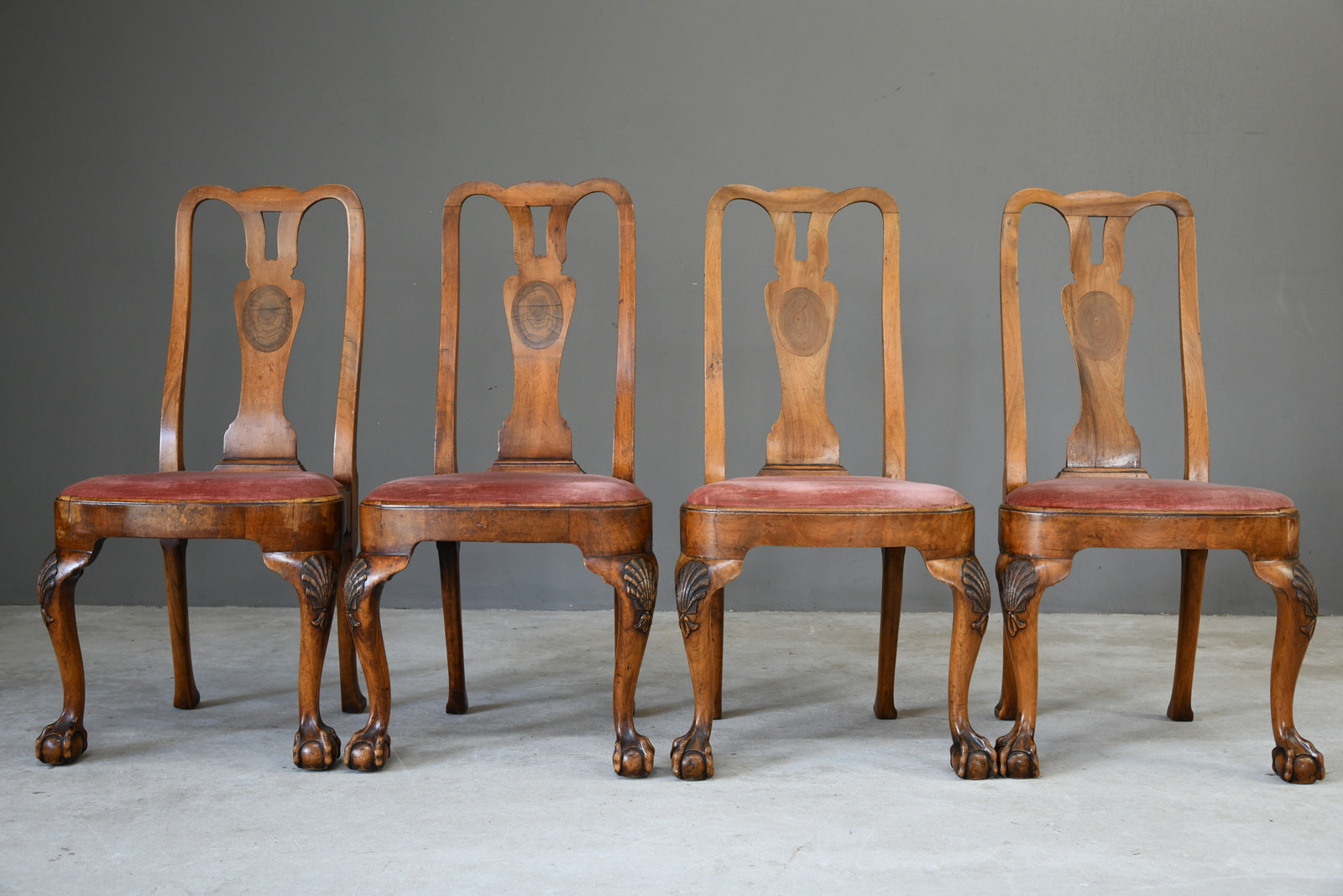 4 Antique Queen Anne Style Walnut & Oyster Veneer Dining Chairs