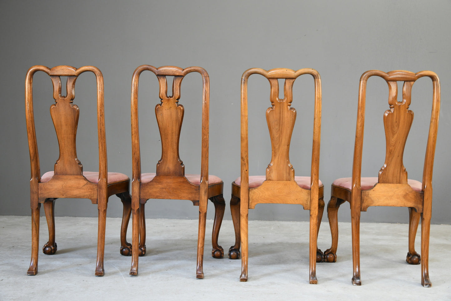 4 Antique Queen Anne Style Walnut & Oyster Veneer Dining Chairs