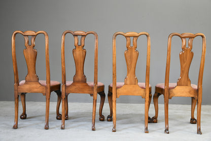 4 Antique Queen Anne Style Walnut & Oyster Veneer Dining Chairs