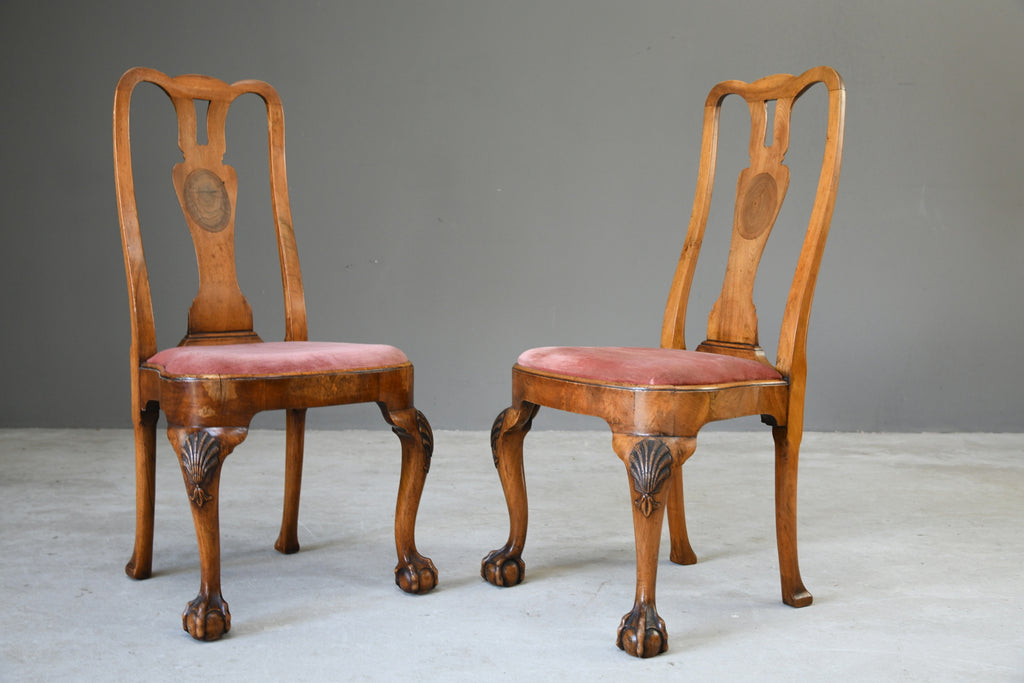 4 Antique Queen Anne Style Walnut & Oyster Veneer Dining Chairs