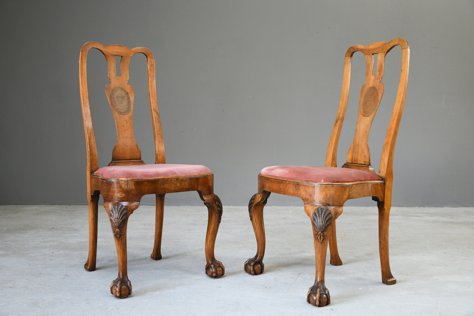 4 Antique Queen Anne Style Walnut & Oyster Veneer Dining Chairs