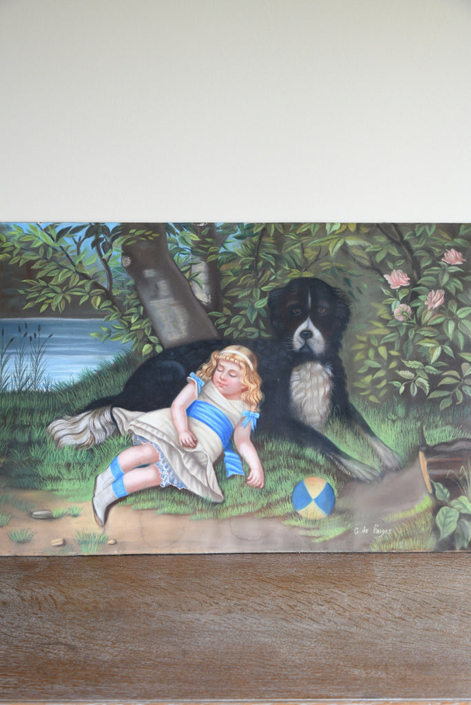 Vintage Continental Girl with Dog Pastel Drawing Painting