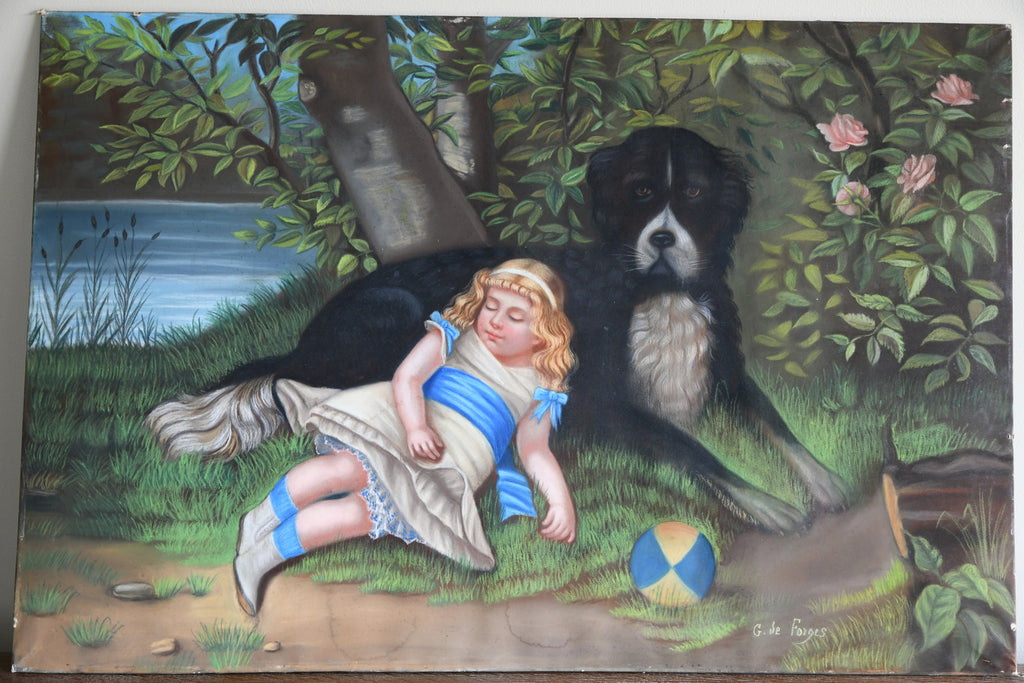 Vintage Continental Girl with Dog Pastel Drawing Painting