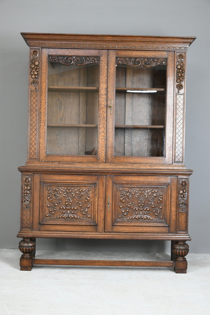 Large Carved French Oak Glazed Bookcase