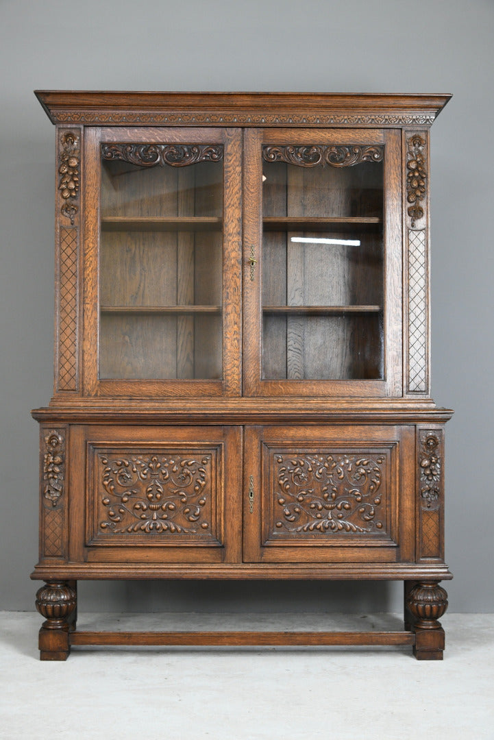 Large Carved French Oak Glazed Bookcase