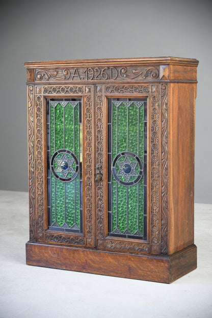 Carved Oak Stained Glass Bookcase