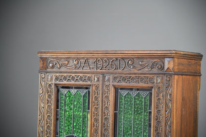 Carved Oak Stained Glass Bookcase