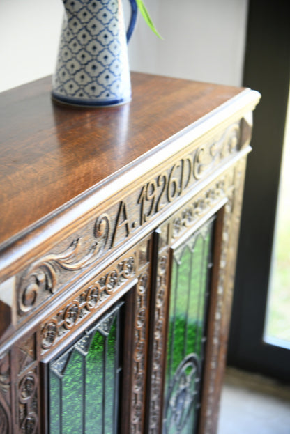 Carved Oak Stained Glass Bookcase