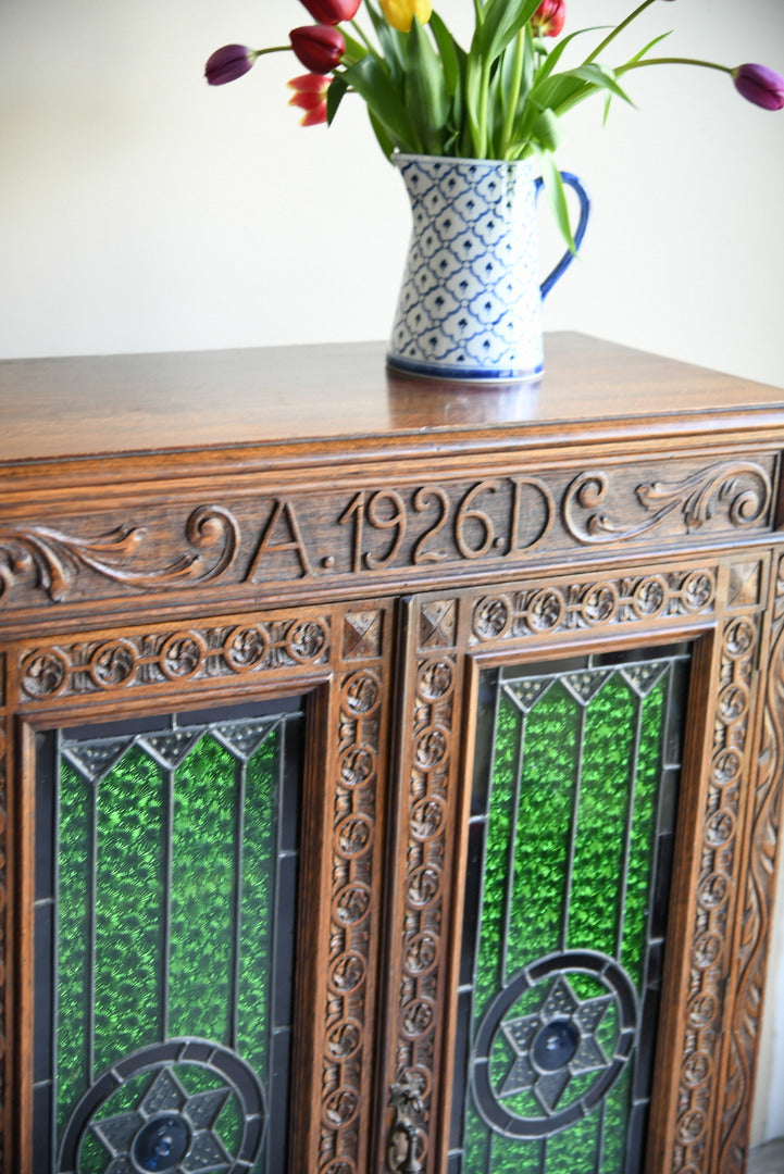 Carved Oak Stained Glass Bookcase