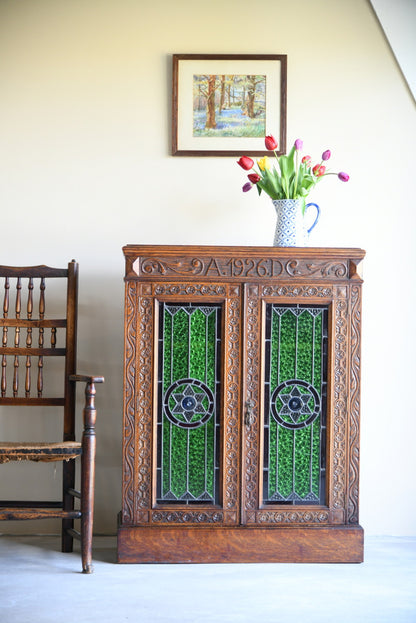 Carved Oak Stained Glass Bookcase