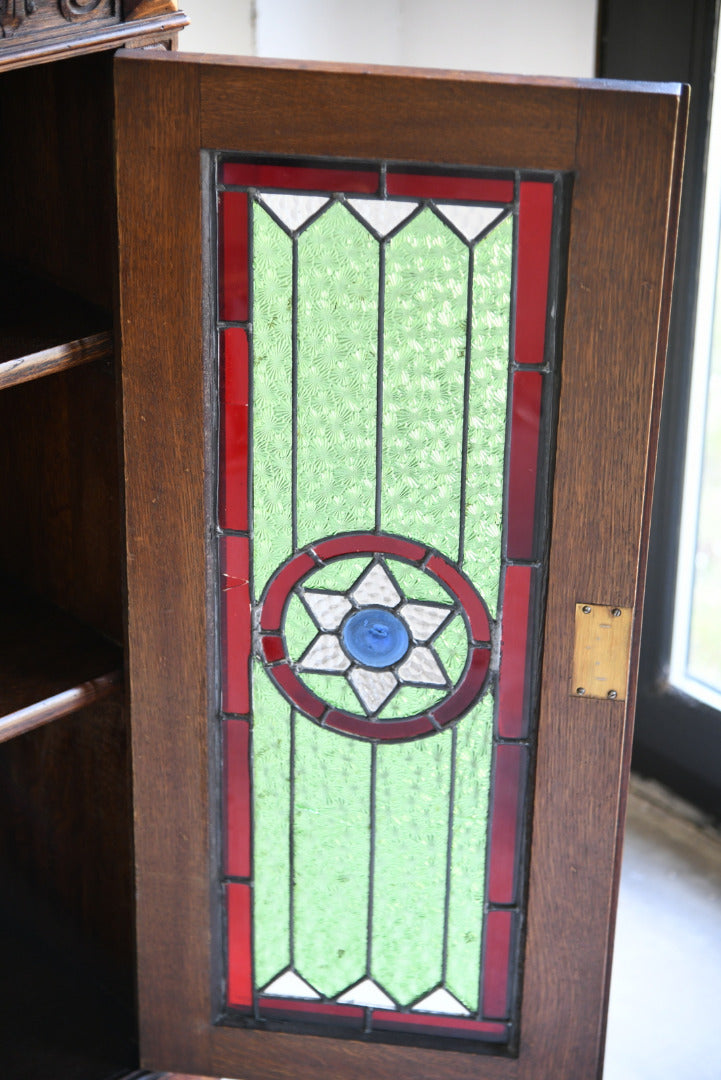 Carved Oak Stained Glass Bookcase