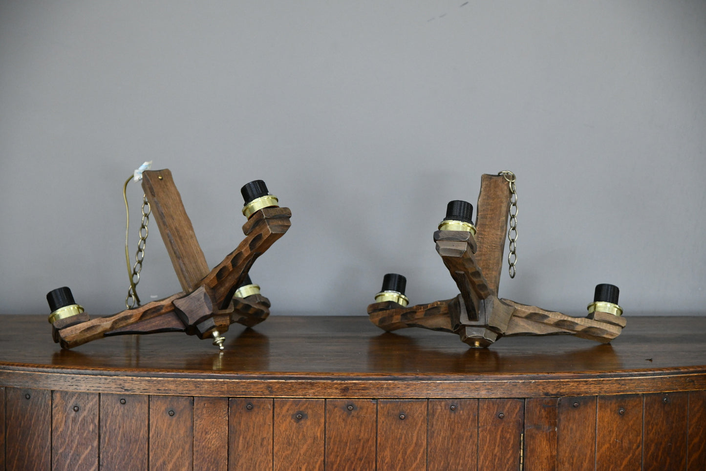 Pair Wooden Three Branch Light Fitting