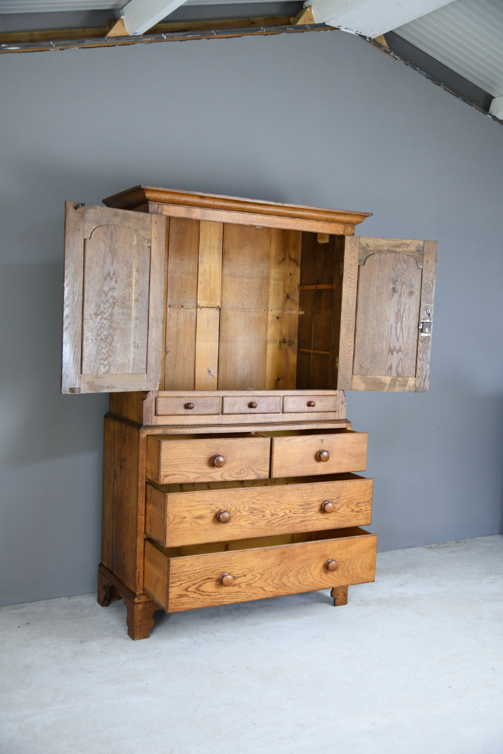 Antique Style Large Farmhouse Country Oak Linen Press