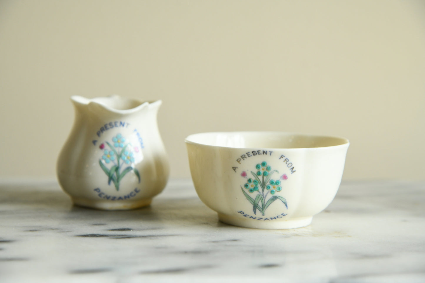 Cornish Souvenir China - A present from Penzance Jug & Sugar Bowl