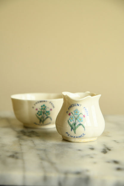 Cornish Souvenir China - A present from Penzance Jug & Sugar Bowl