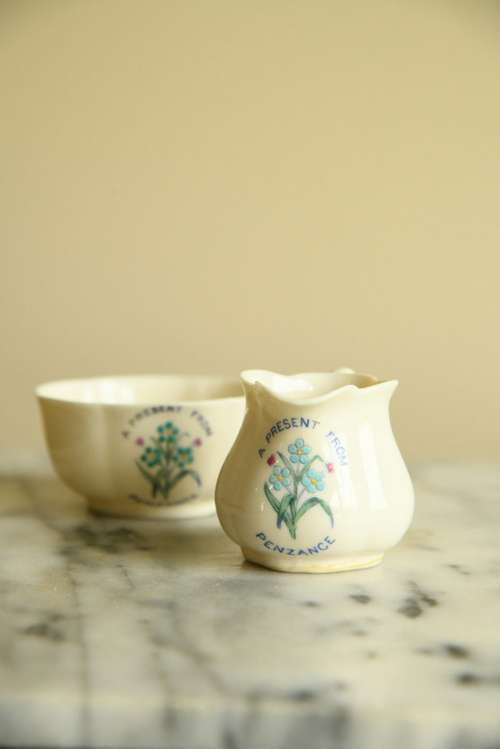 Cornish Souvenir China - A present from Penzance Jug & Sugar Bowl