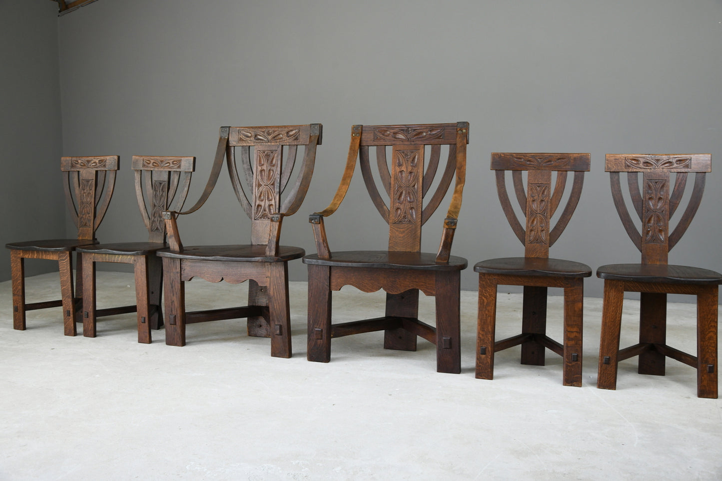 6 Arts & Crafts Carved Oak Chairs