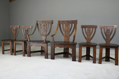 6 Arts & Crafts Carved Oak Chairs