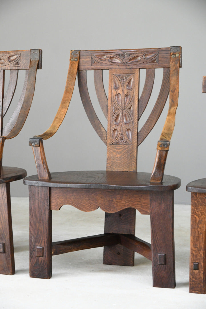 6 Arts & Crafts Carved Oak Chairs