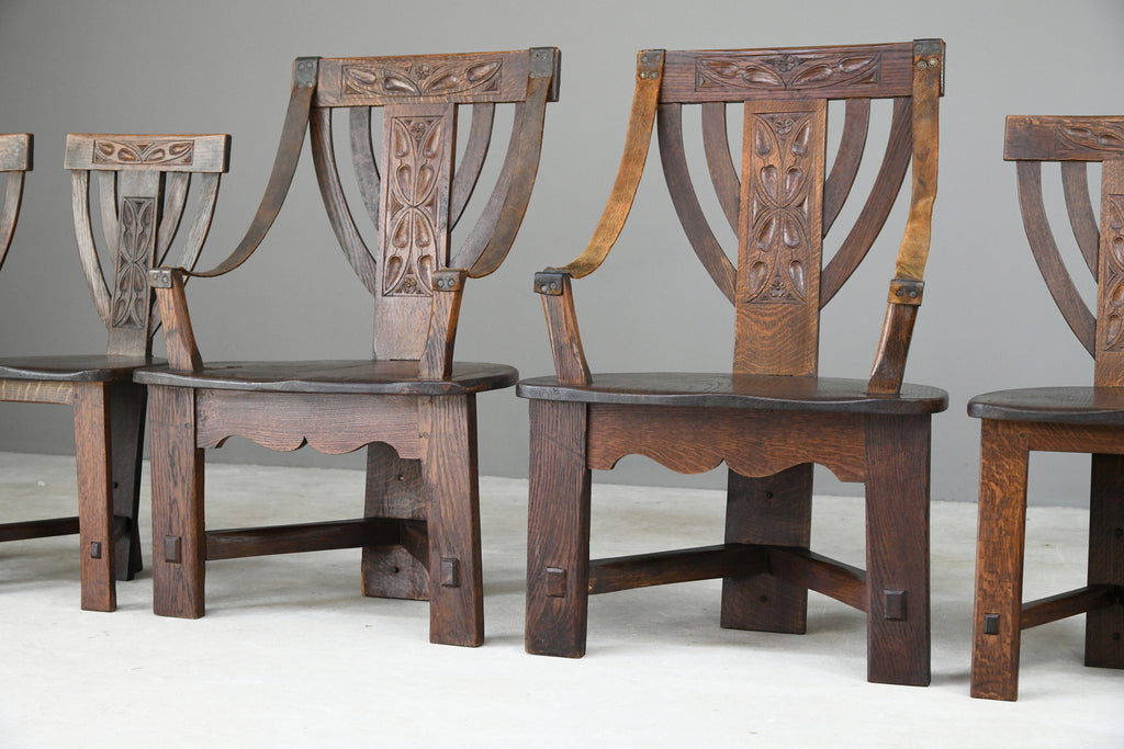 6 Arts & Crafts Carved Oak Chairs