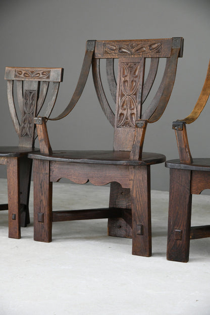 6 Arts & Crafts Carved Oak Chairs