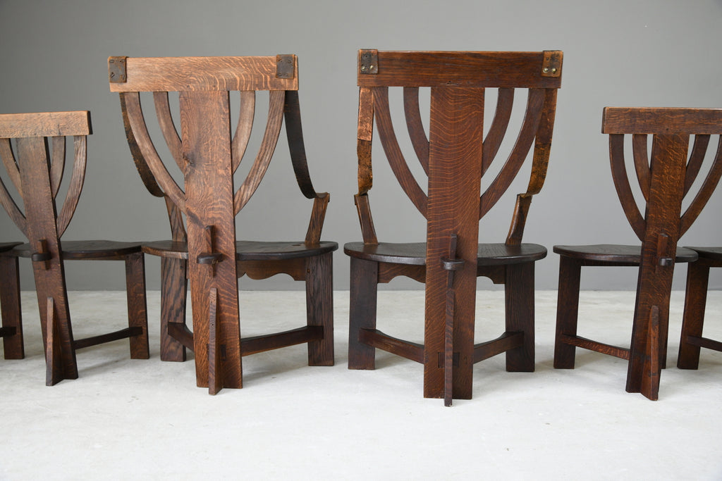 6 Arts & Crafts Carved Oak Chairs