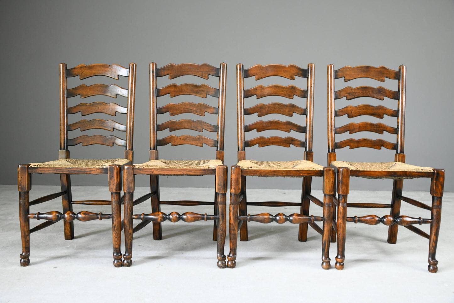 4 Oak & Rush Dining Chairs