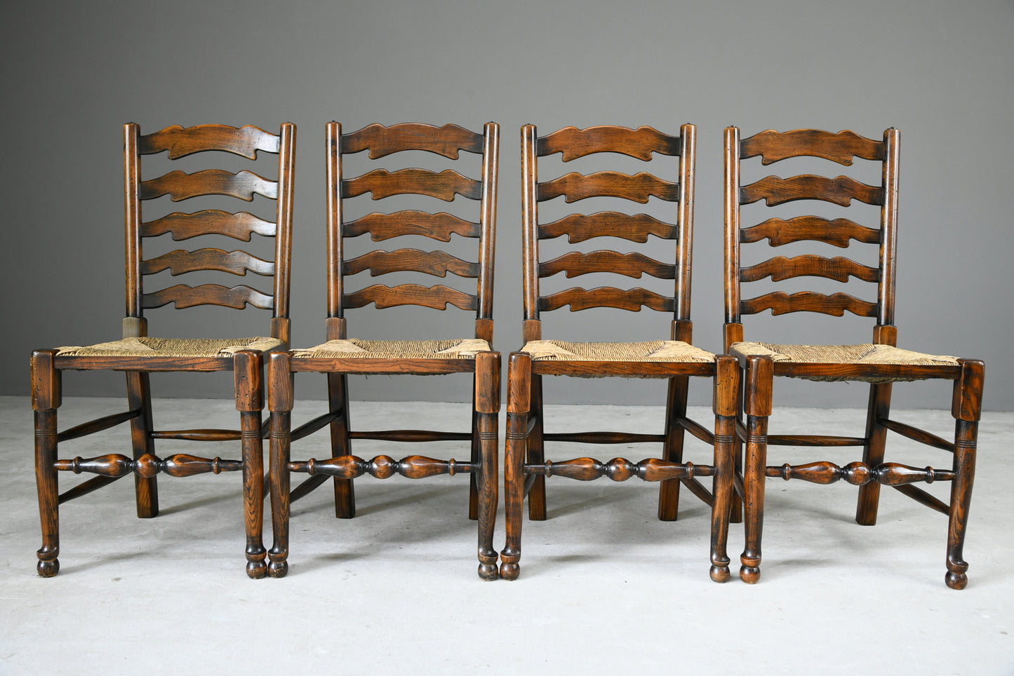 4 Oak & Rush Dining Chairs