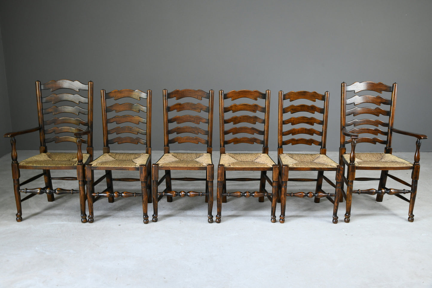 6 Oak & Rush Country Style Ladderback Dining Chairs