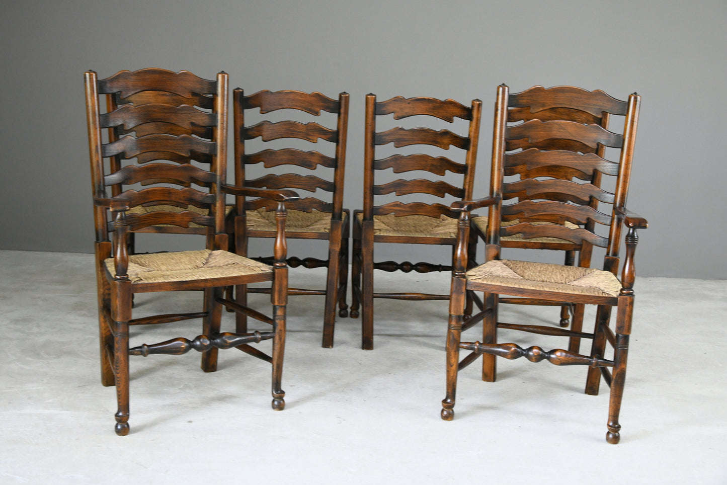 6 Oak & Rush Country Style Ladderback Dining Chairs