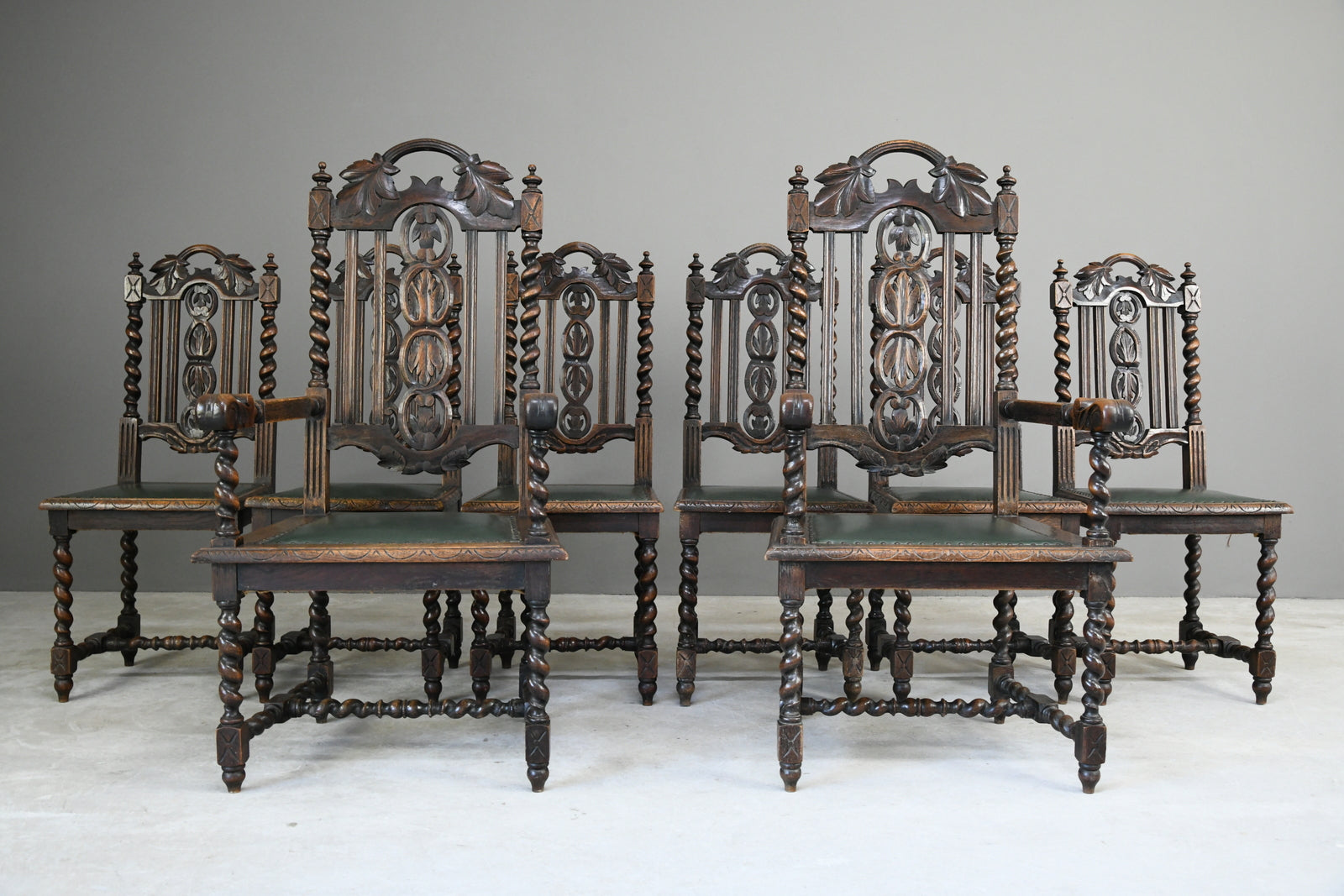 8 Victorian Jacobean Style Oak Dining Chairs