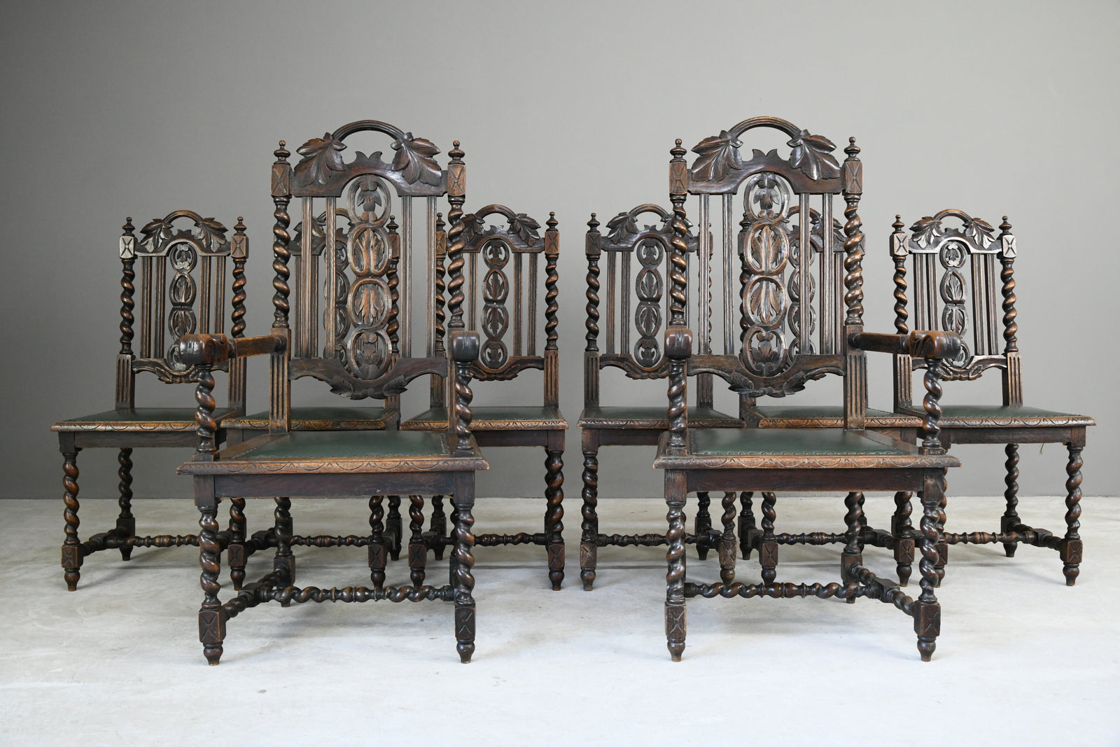 8 Victorian Jacobean Style Oak Dining Chairs