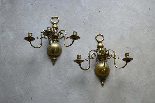 Pair Dutch Style Brass 3 Branch Wall Candle Sconce