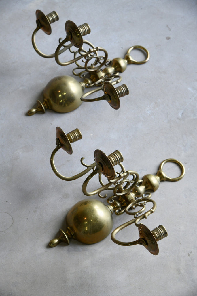 Pair Dutch Style Brass 3 Branch Wall Candle Sconce